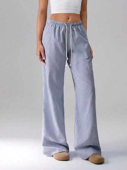 Women's Striped Wide Leg Drawstring Casual Pants
