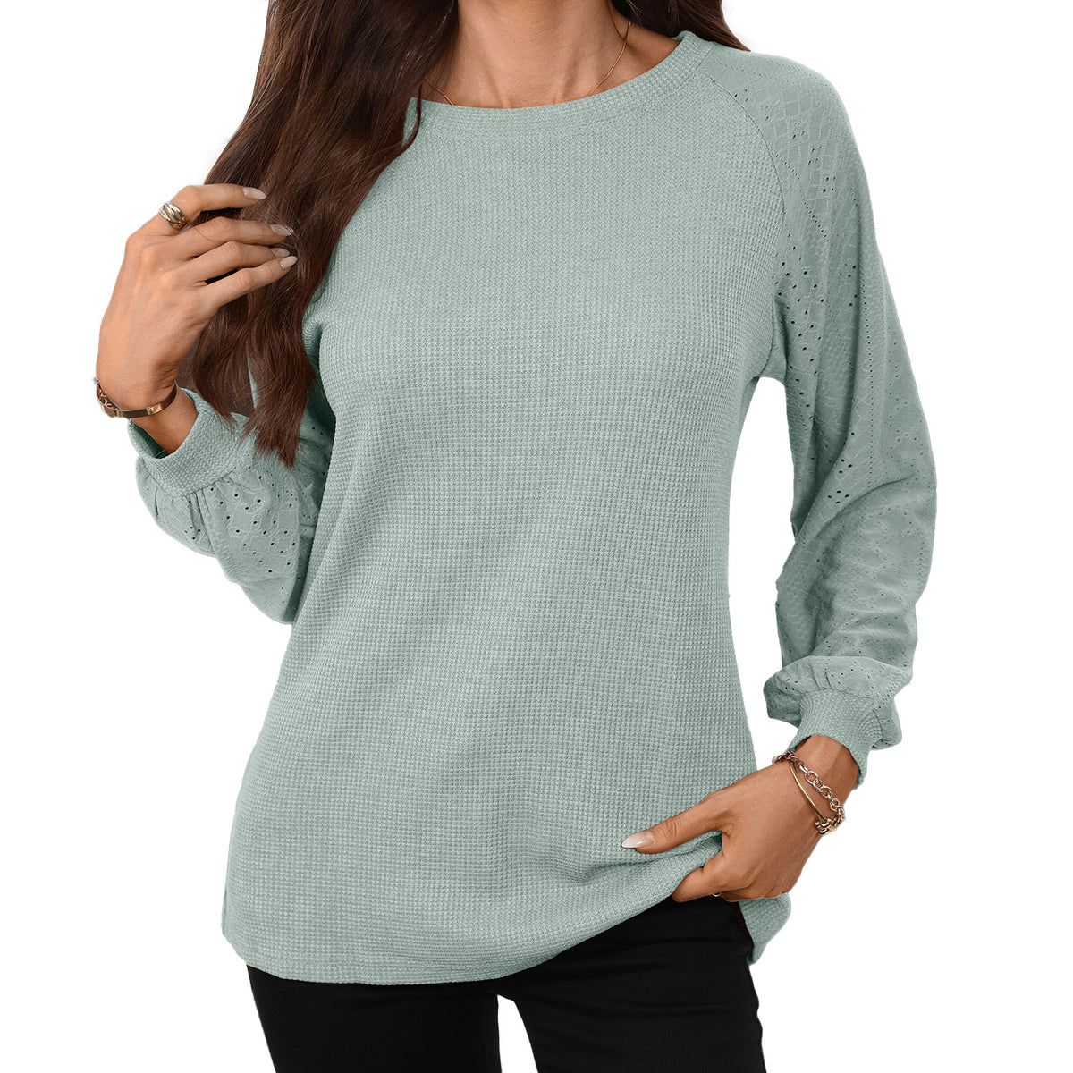Women's Waffle Knit Raglan Eyelet Long Sleeve Top
