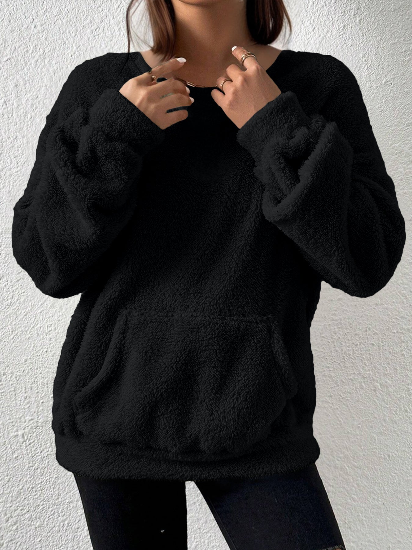 Women's Sherpa Fleece Crewneck Sweatshirt Pocket