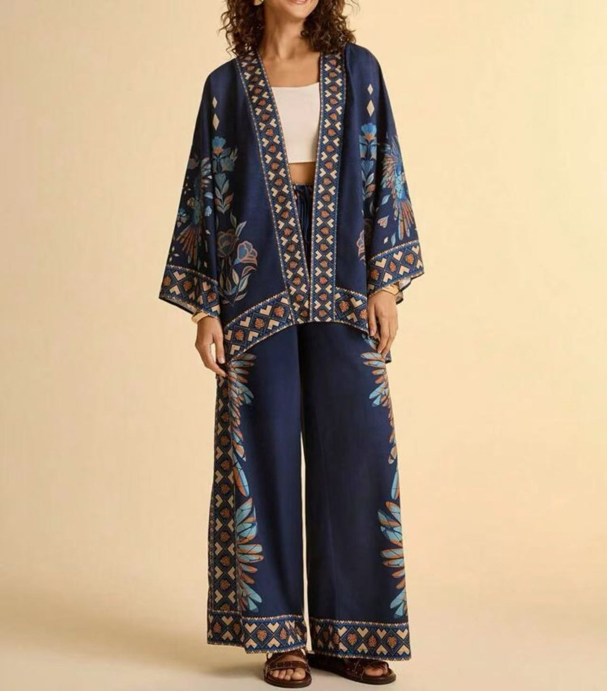 Women's Boho Kimono Cardigan Wide Leg Pants Matching Set