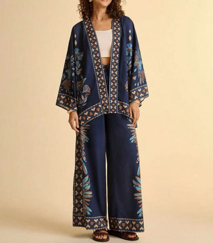 Women's Boho Kimono Cardigan Wide Leg Pants Matching Set