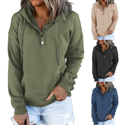 Women's Henley Hoodie Button Drawstring Pocket Pullover