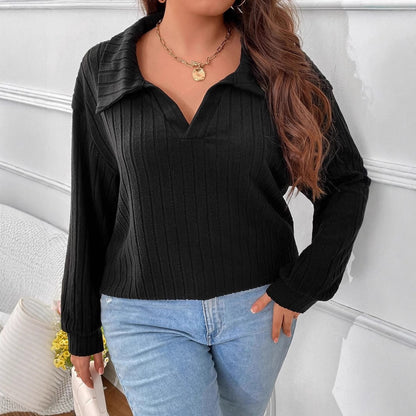 Plus Size Ribbed Long Sleeve Collared V-Neck Tunic Top