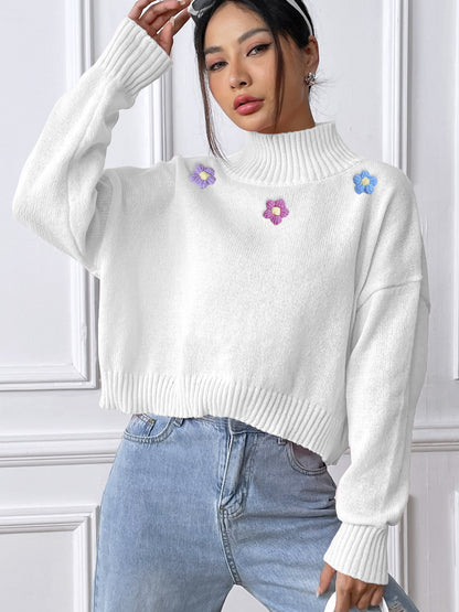 Women's Hand Crochet Collage Turtleneck Pullover Sweater