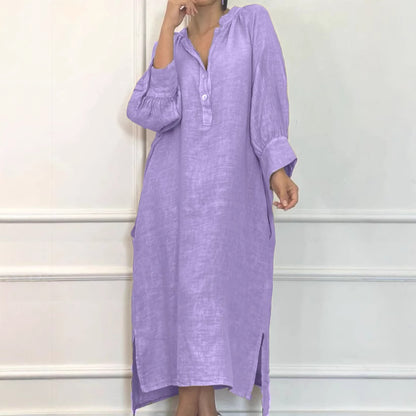 Linen Blend Long Sleeve Button Down Maxi Dress Pockets