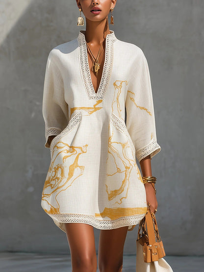 Boho V Neck Lace Trim Gold Abstract 3/4 Sleeve Mini Dress