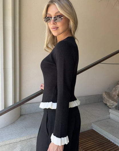 Ruffle Trim Crew Neck Ribbed Knit Sweater
