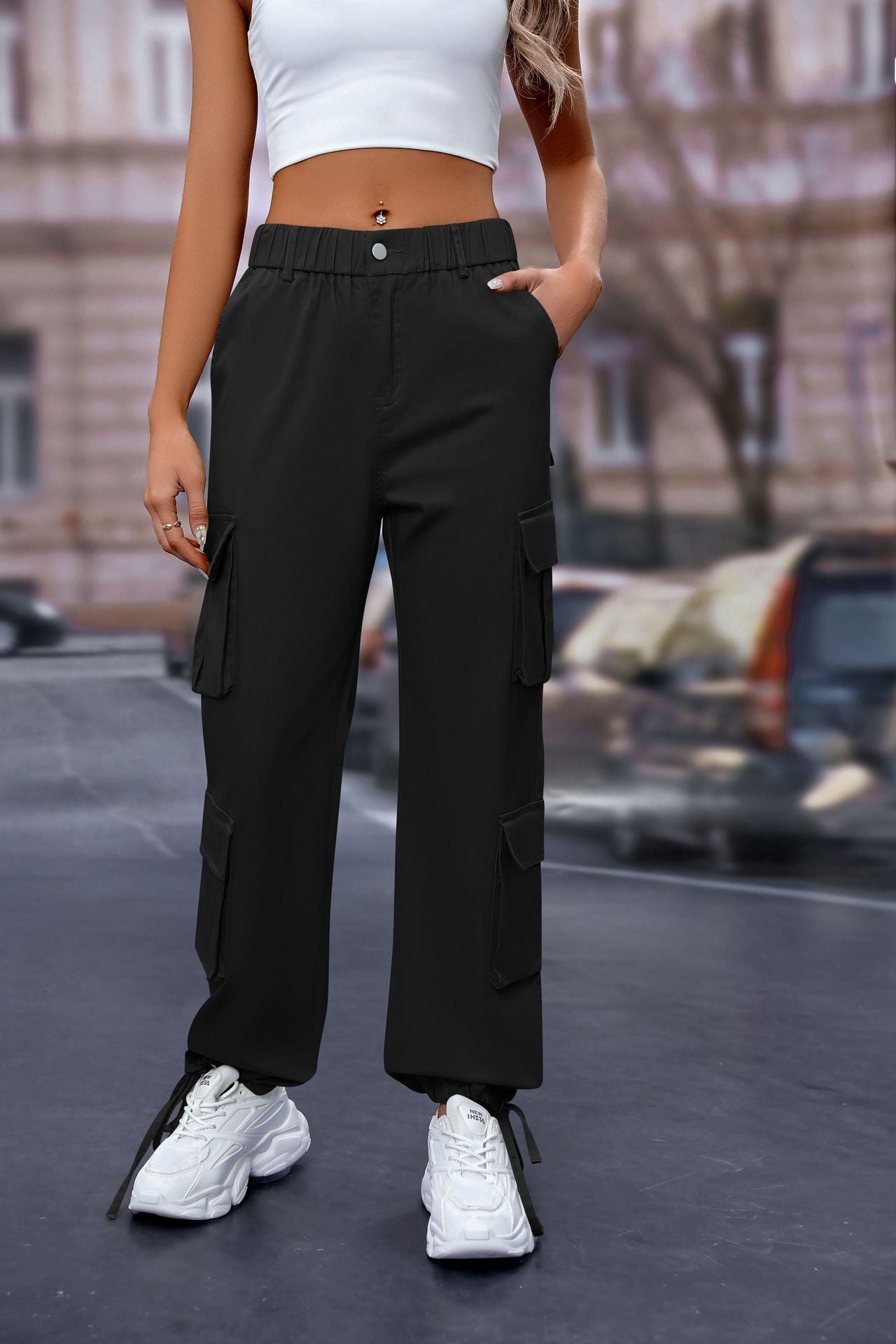 Women's High-Waist Cargo Pants with 8 Pockets, Loose Fit Streetwear