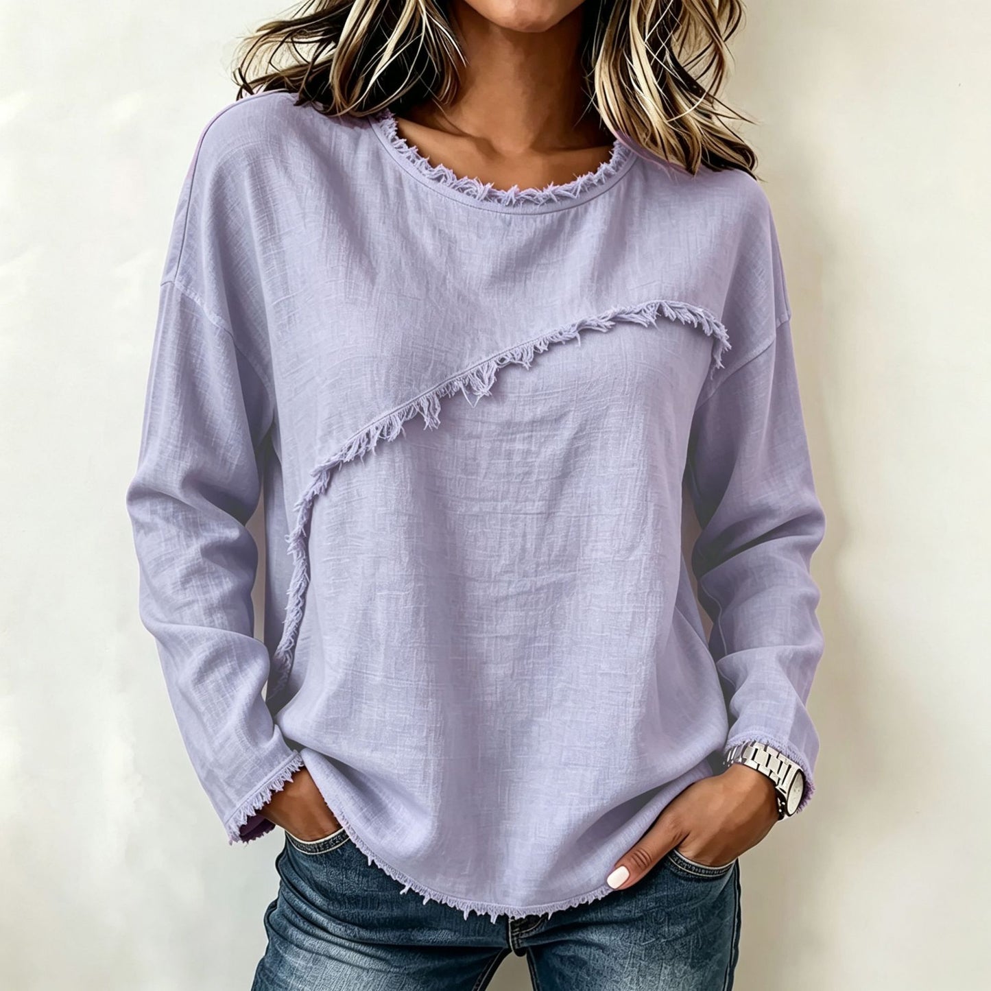 Women's Long Sleeve Round Neck Frayed Trim Casual Loose Top