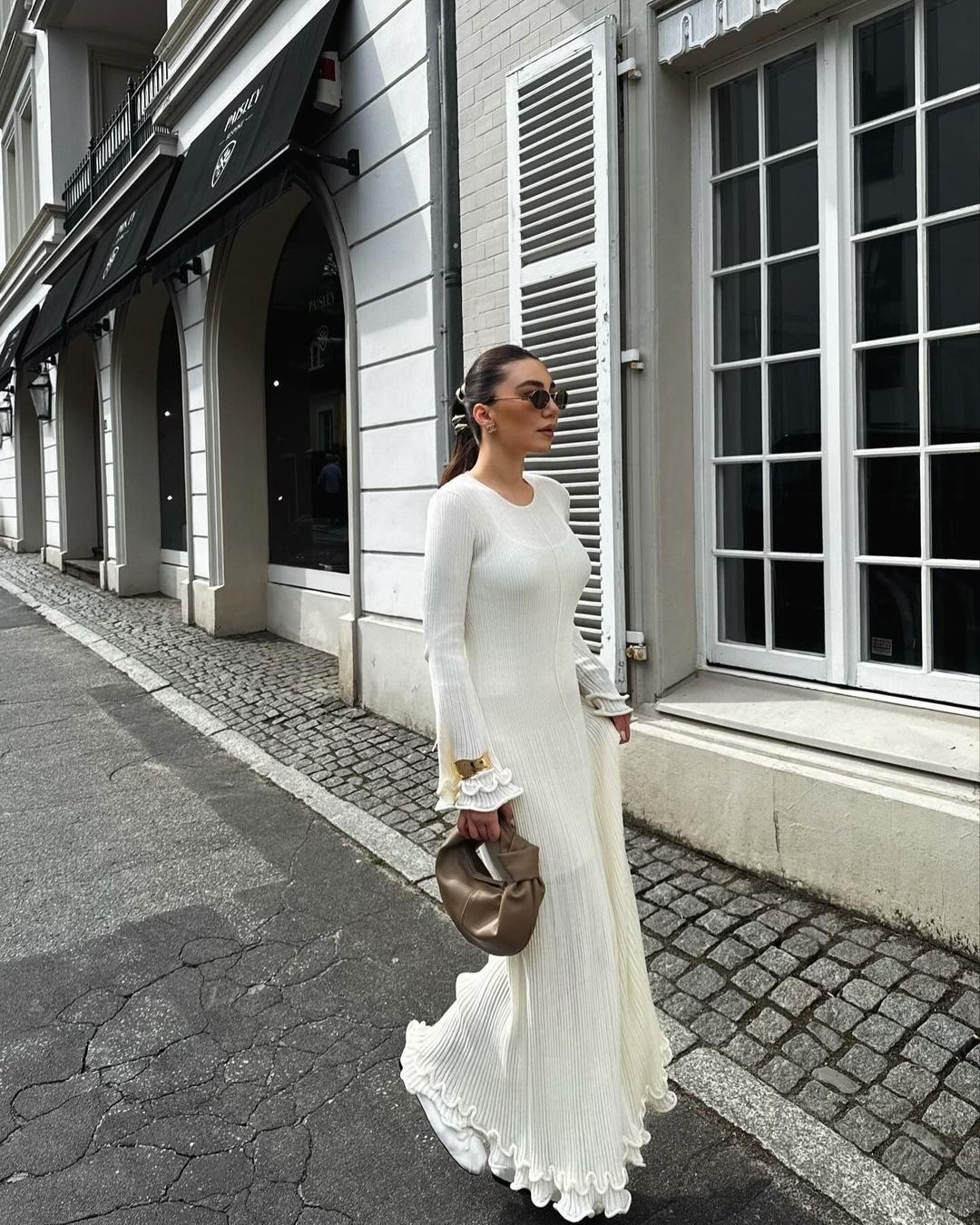 Ribbed Ruffle Maxi Dress Open Back Flare Sleeve