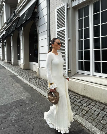 Ribbed Ruffle Maxi Dress Open Back Flare Sleeve