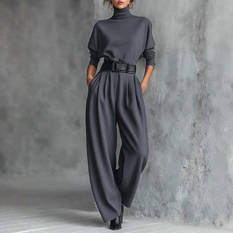 Women's Two Piece Set Turtleneck Wide Leg Pants with Belt