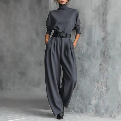 Women's Two Piece Set Turtleneck Wide Leg Pants with Belt