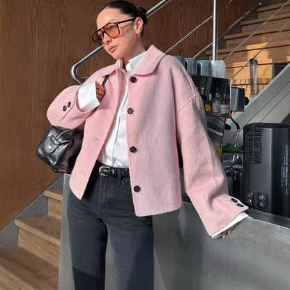 Women's Oversized Collared Button Front Textured Jacket