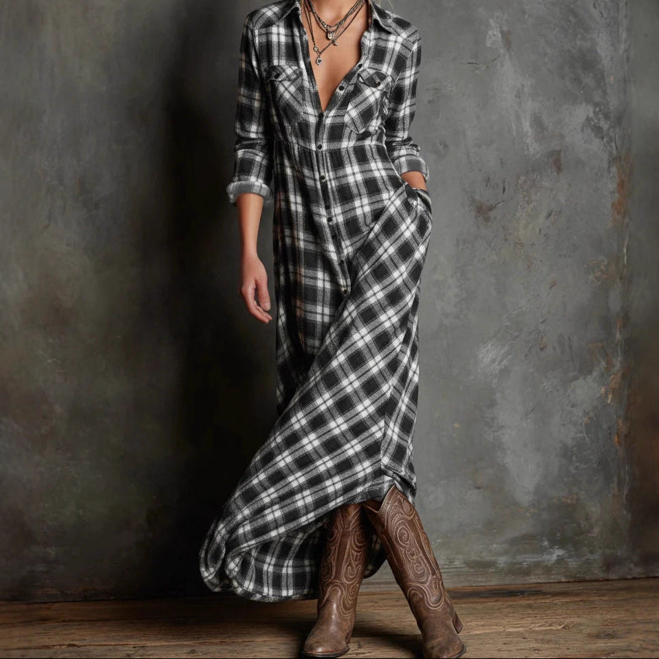 Plaid Shirt Dress Long Sleeve Maxi Casual with Pockets