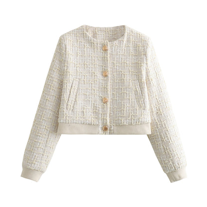 Women's Cropped Tweed Bomber Jacket Button Front