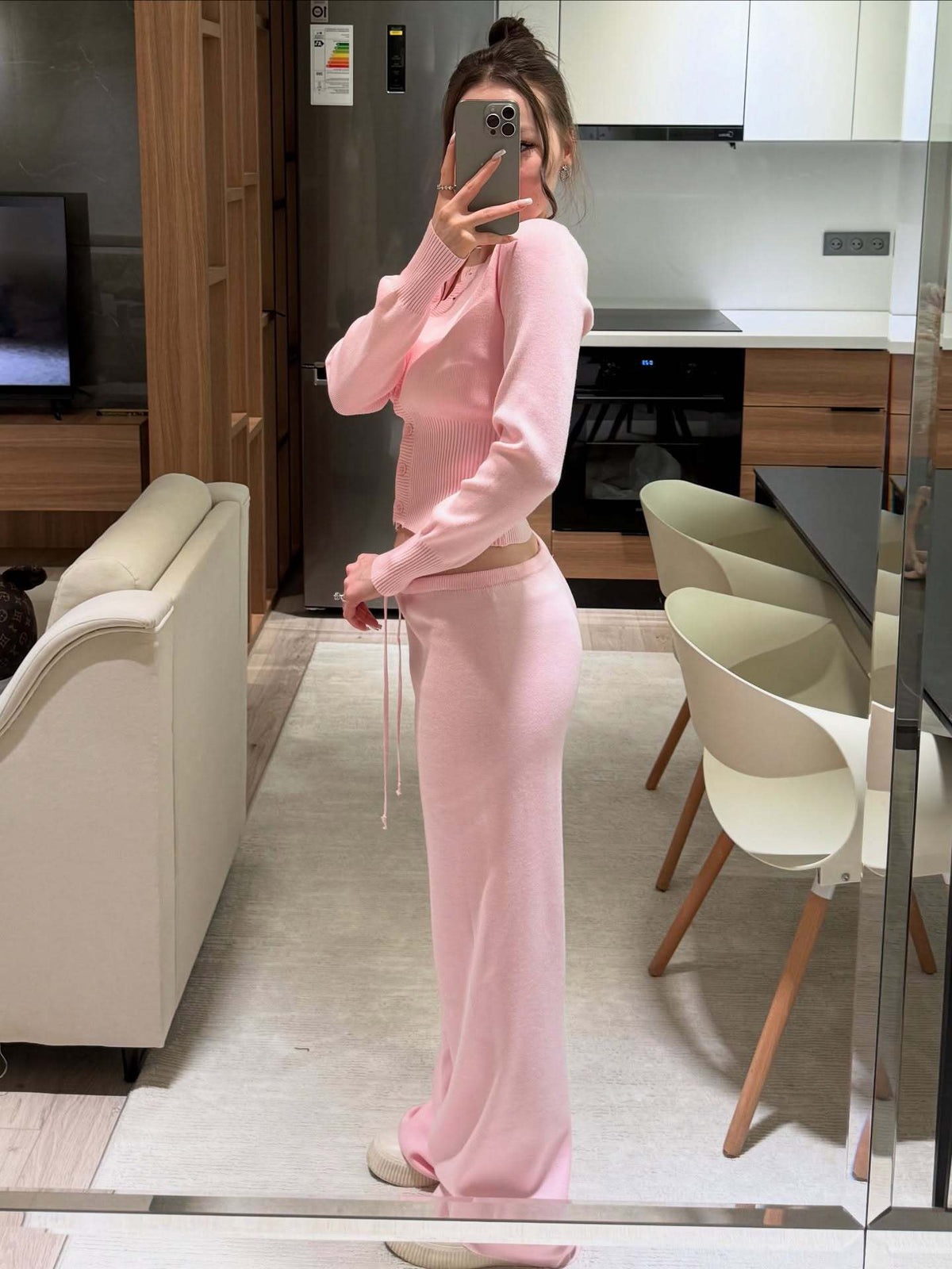 Women's Two Piece Ribbed Knit Cardigan Wide Leg Pants Set