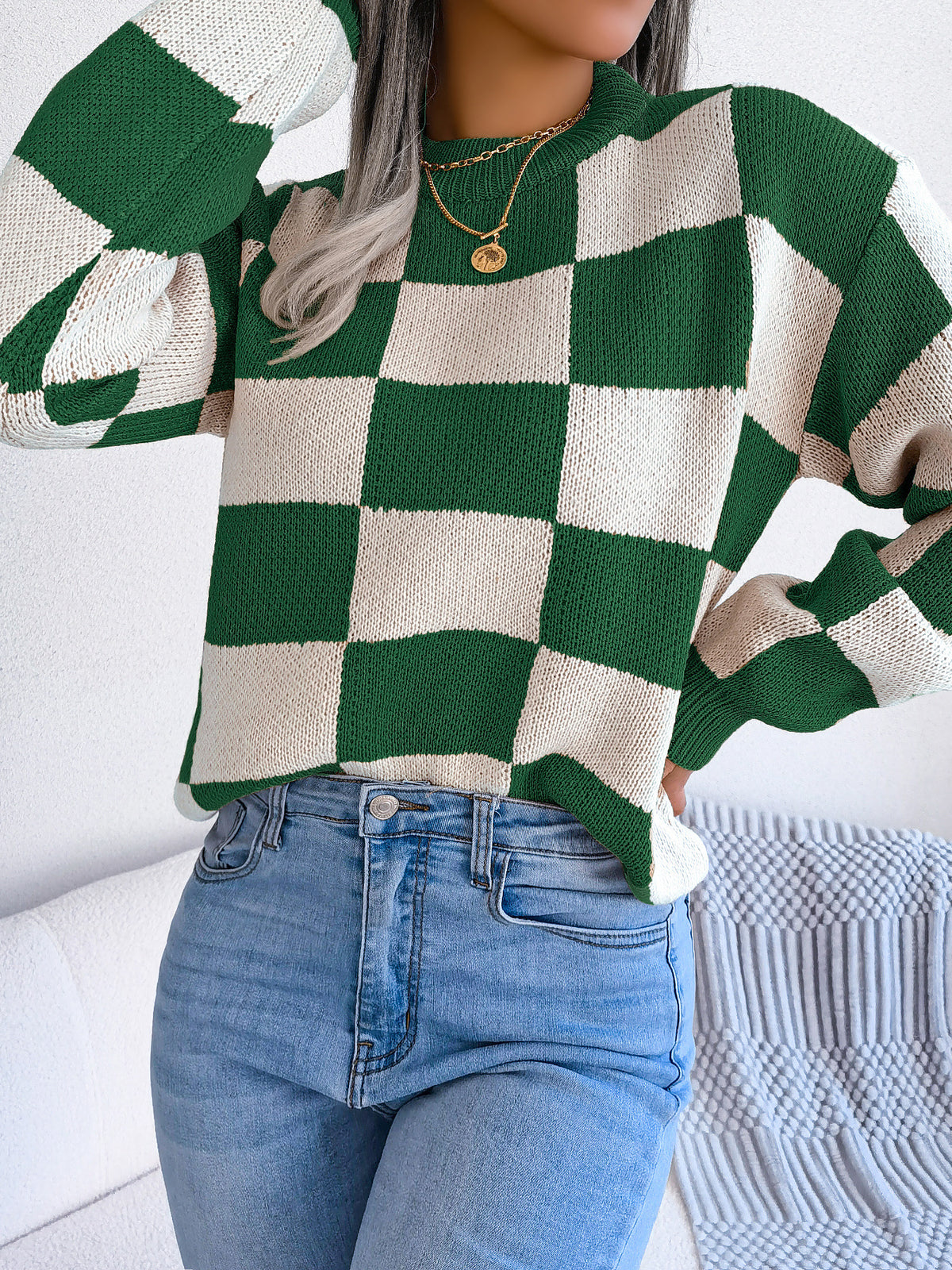 Women's Colorblock Checkerboard Balloon Sleeve Sweater