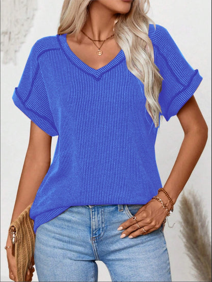 Women's V Neck Short Sleeve Ribbed Loose Casual T-Shirt