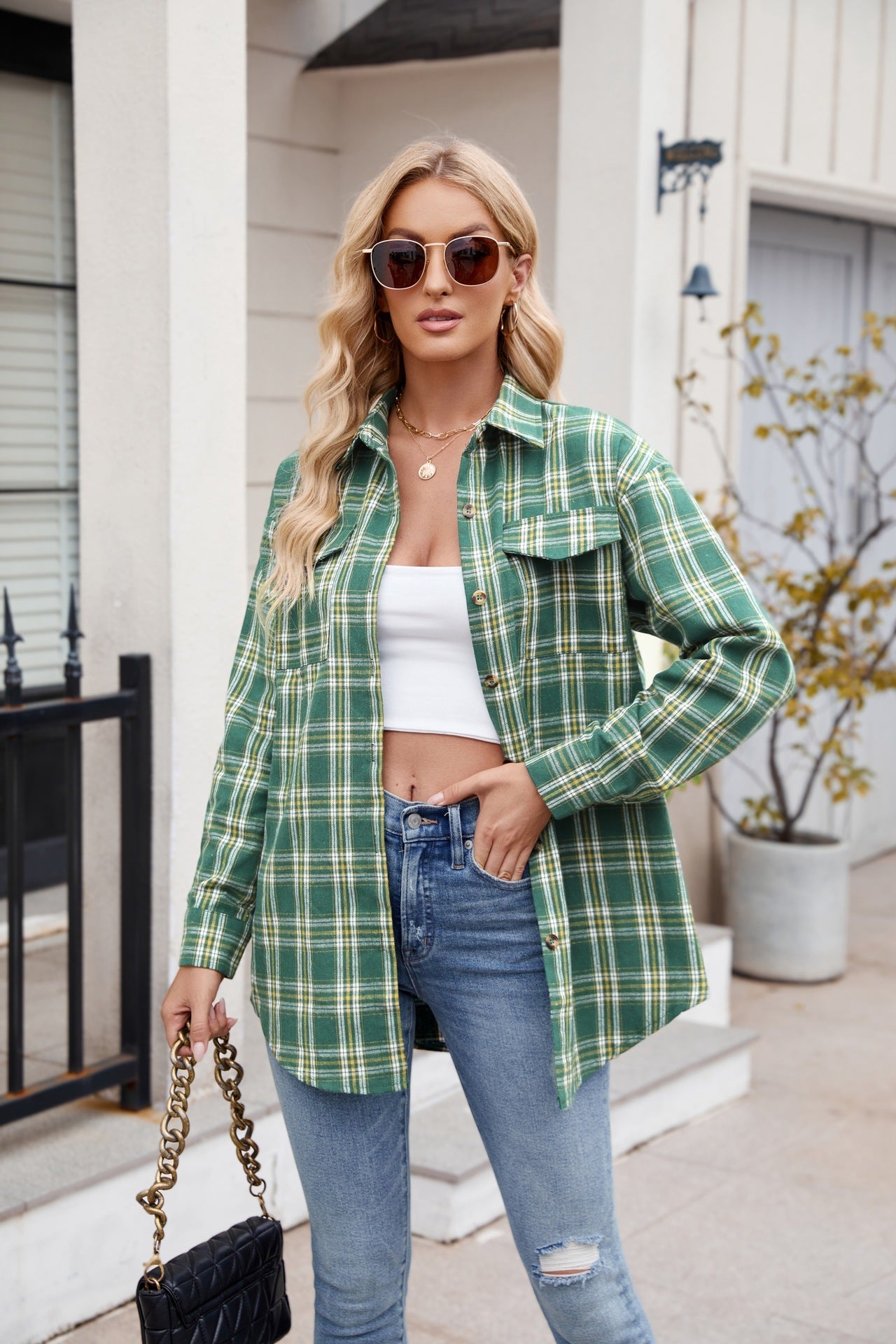 Women’s Casual Plaid Shirt with Pockets Loose Fit Fashion Top