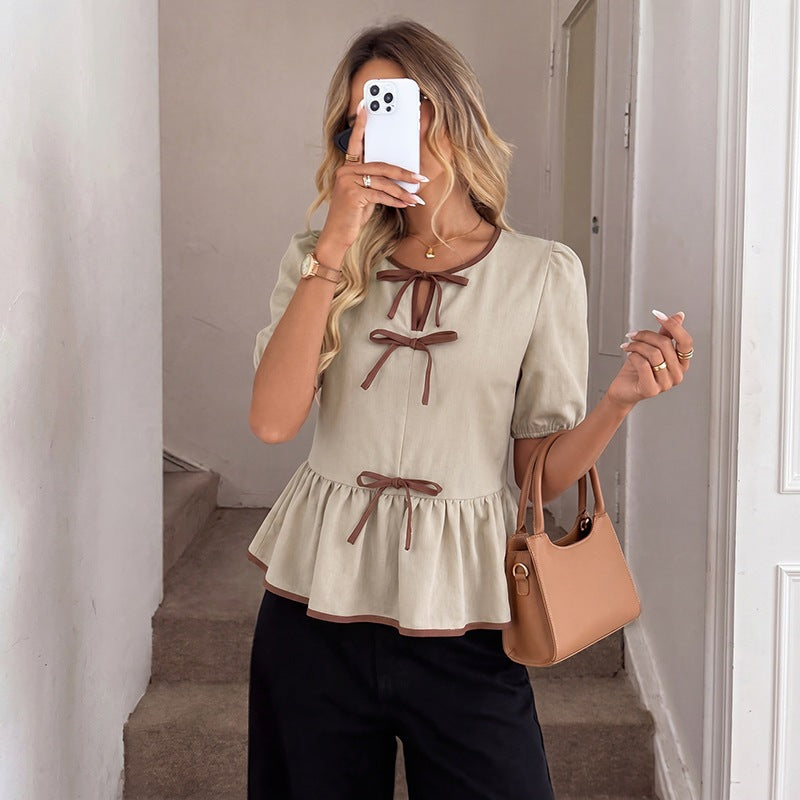 Beige Bow Tie Pullover Short Sleeve Top Cute Summer Blouse