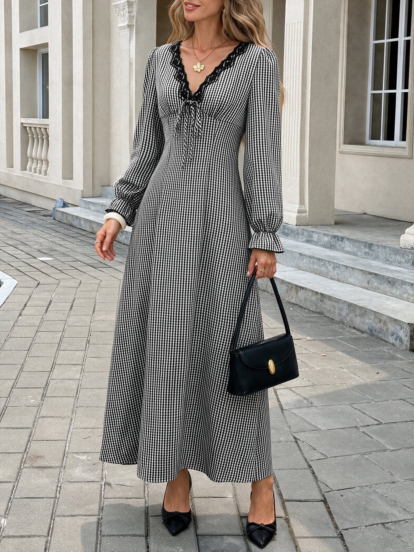Women's Plaid V-Neck Ruffle Long Sleeve Maxi Dress