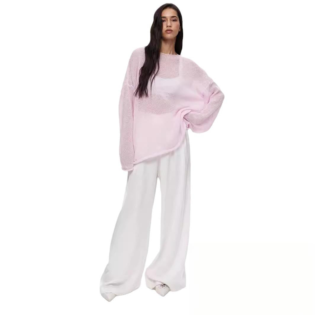 Sheer Knit Pullover Sweater Long Sleeve Loose Fit Top