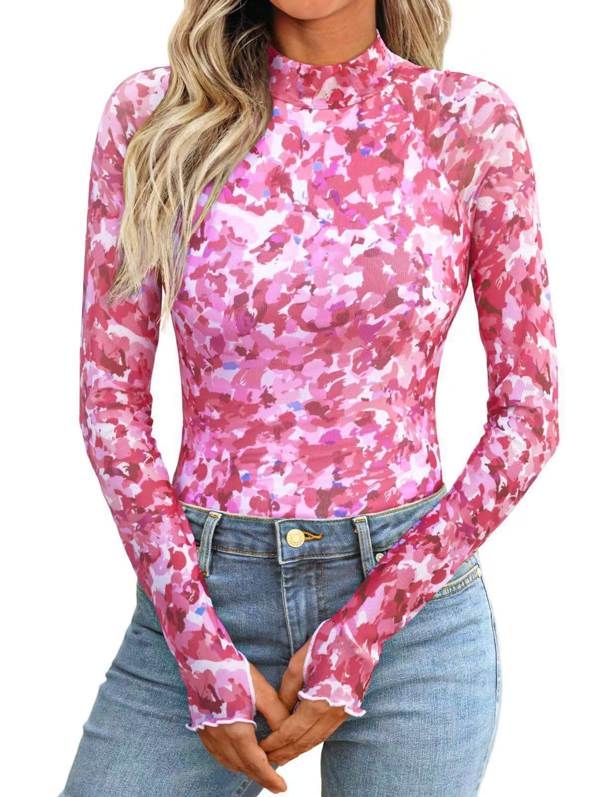 Women's Floral Sheer Mesh Mock Neck Long Sleeve Top