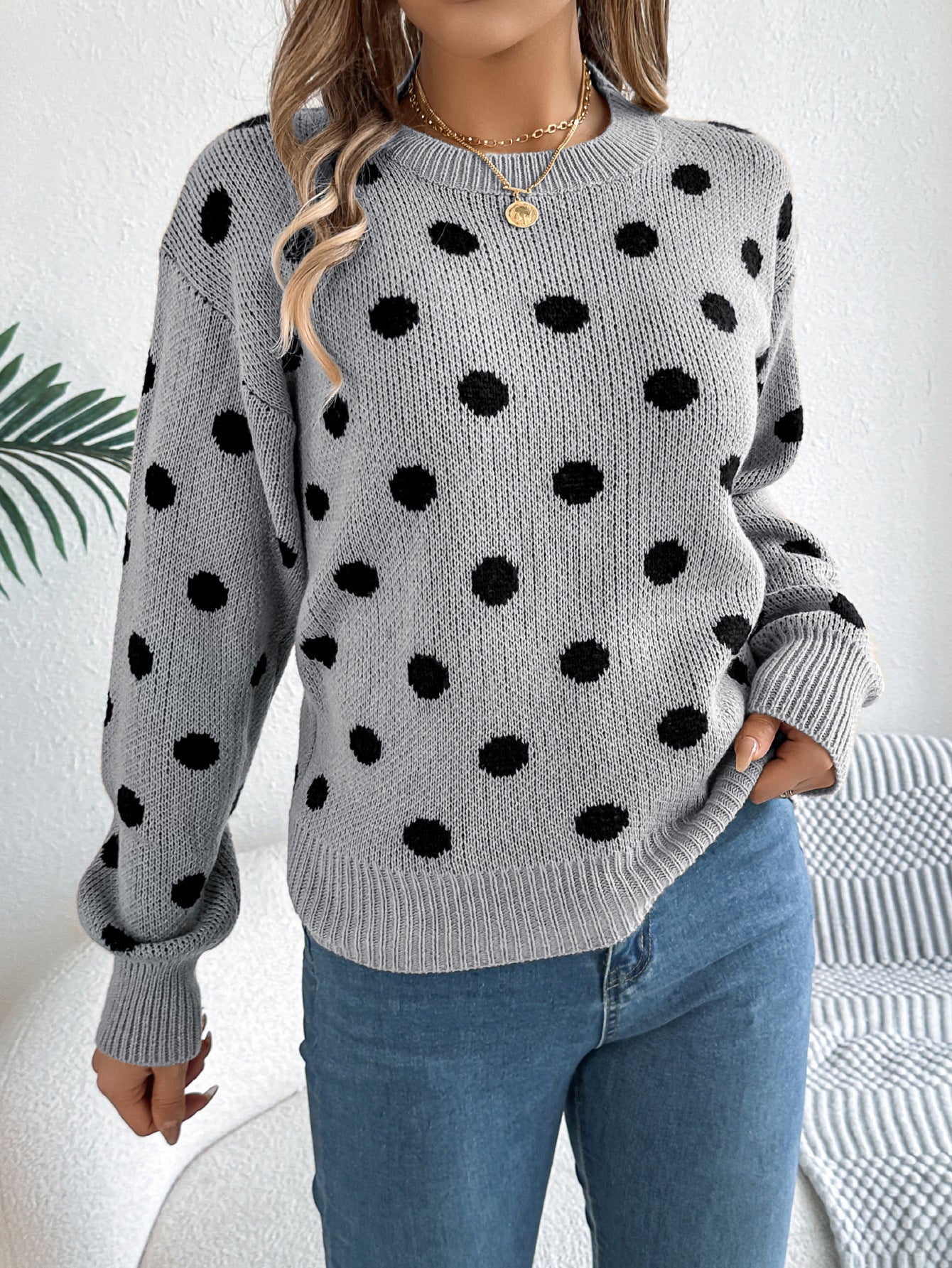 Polka Dot Knit Sweater Long Sleeve Casual Pullover