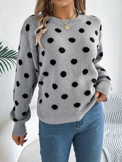 Polka Dot Knit Sweater Long Sleeve Casual Pullover