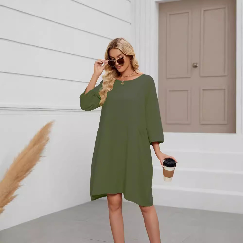 Women's Cotton Linen A-Line Midi Dress Casual with Pockets
