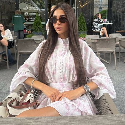 Pink Floral Mini Dress Bell Sleeve Button Front Tie Waist