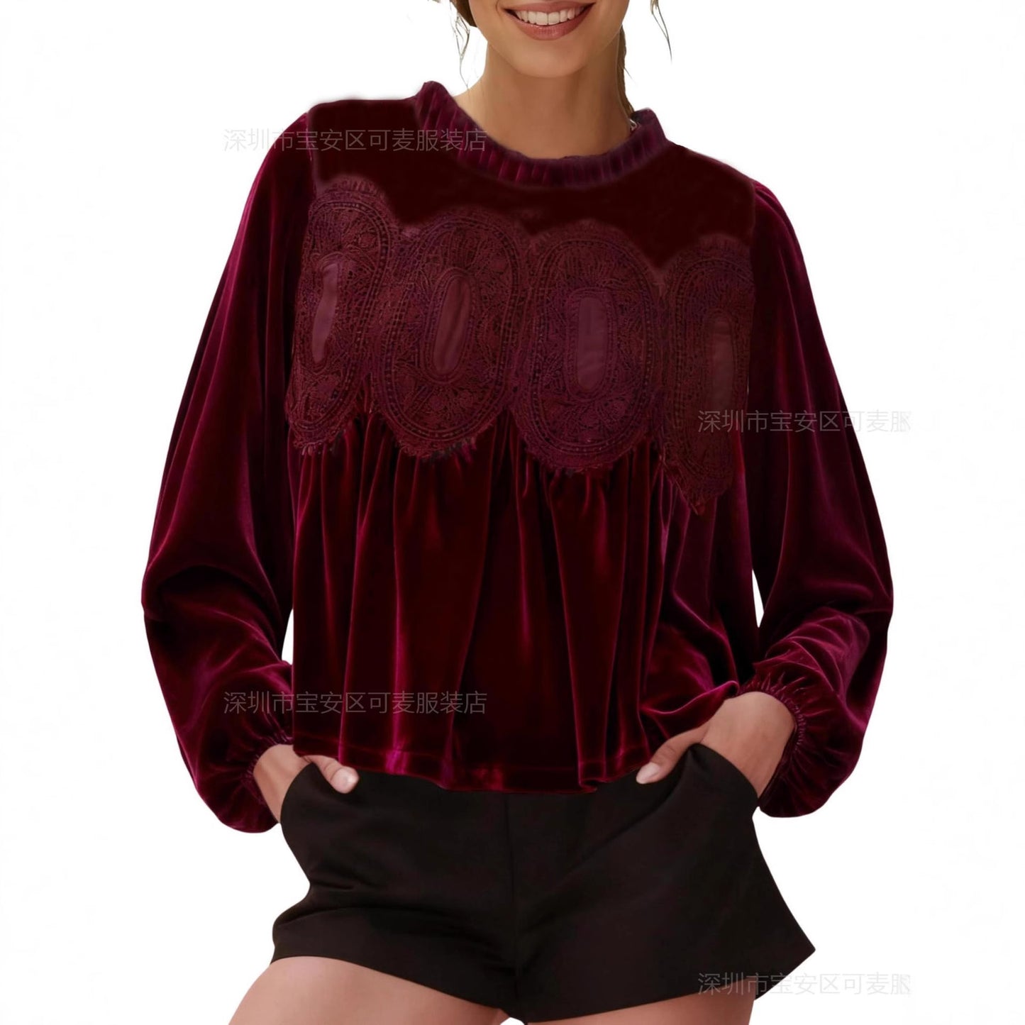Velvet Ruffle Neck Lace Panel Long Sleeve Blouse Women
