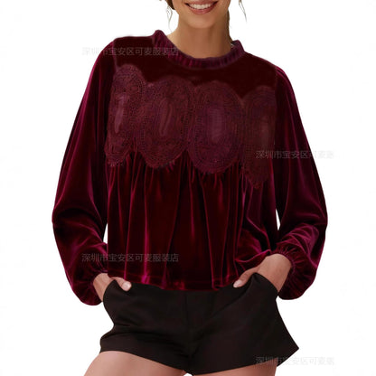 Velvet Ruffle Neck Lace Panel Long Sleeve Blouse Women