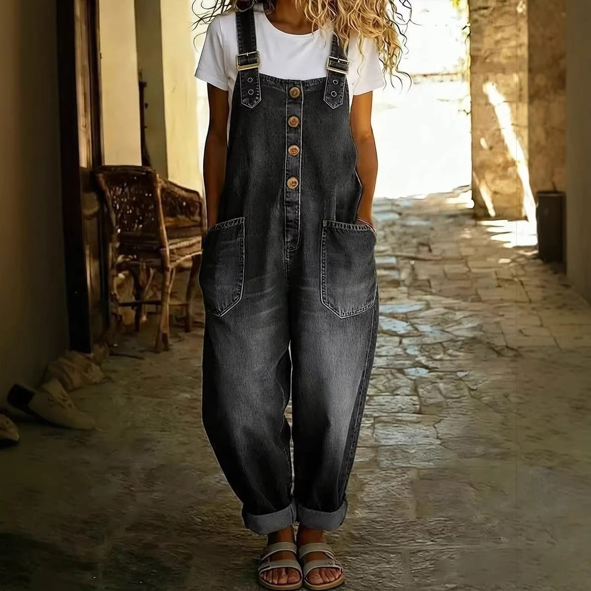 Women's Washed Denim Overalls Adjustable Strap Jumpsuit