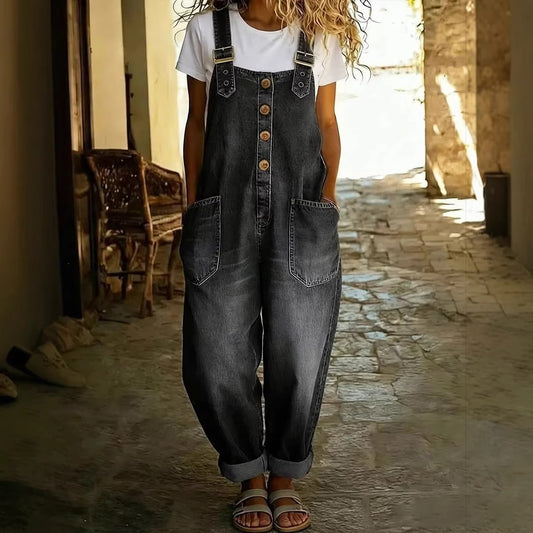 Women's Washed Denim Overalls Adjustable Strap Jumpsuit