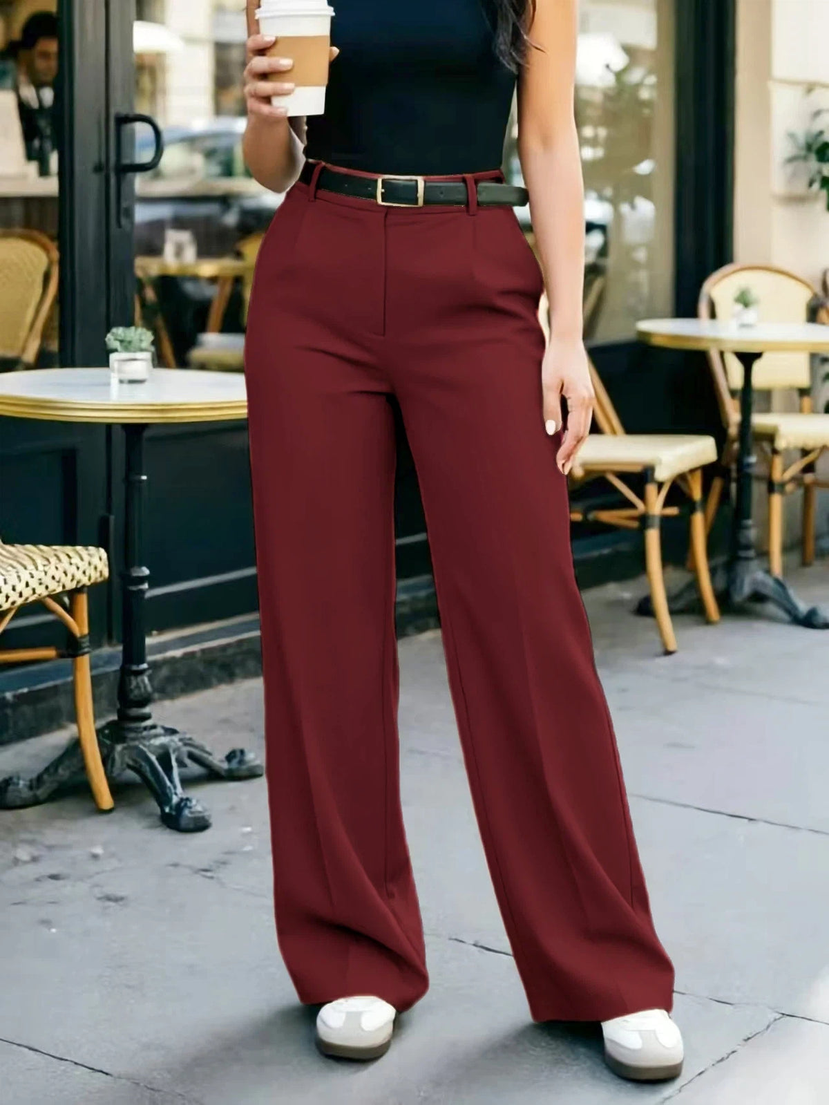 Women's Belted High Waist Wide Leg Dress Pants