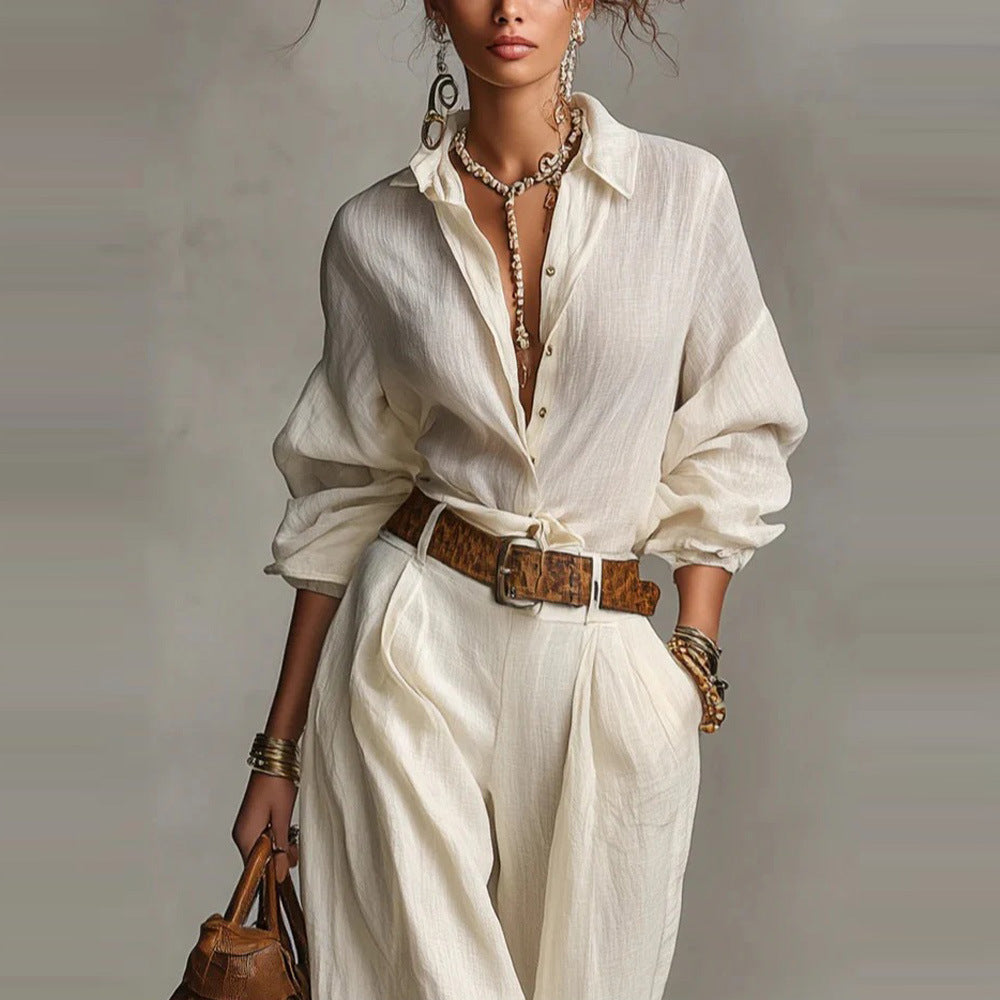 Women Two Piece Button Down Shirt & Pants Set