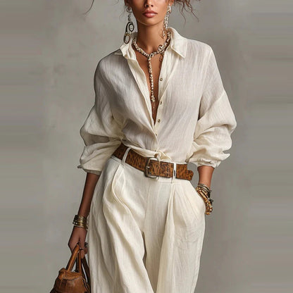 Women Two Piece Button Down Shirt & Pants Set