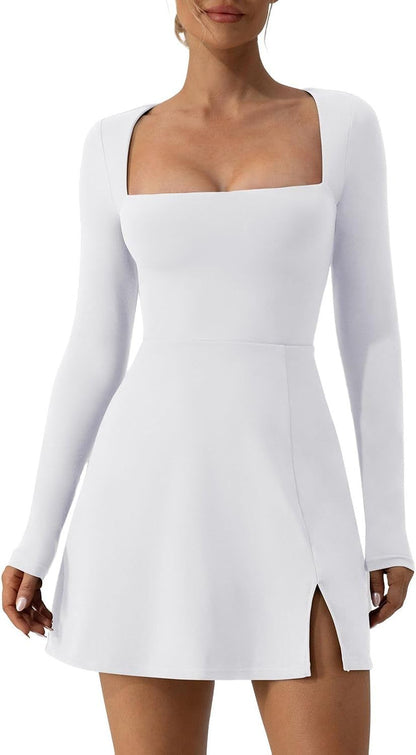 Square Neck Corset A-Line Mini Dress Long Sleeve Side Slit