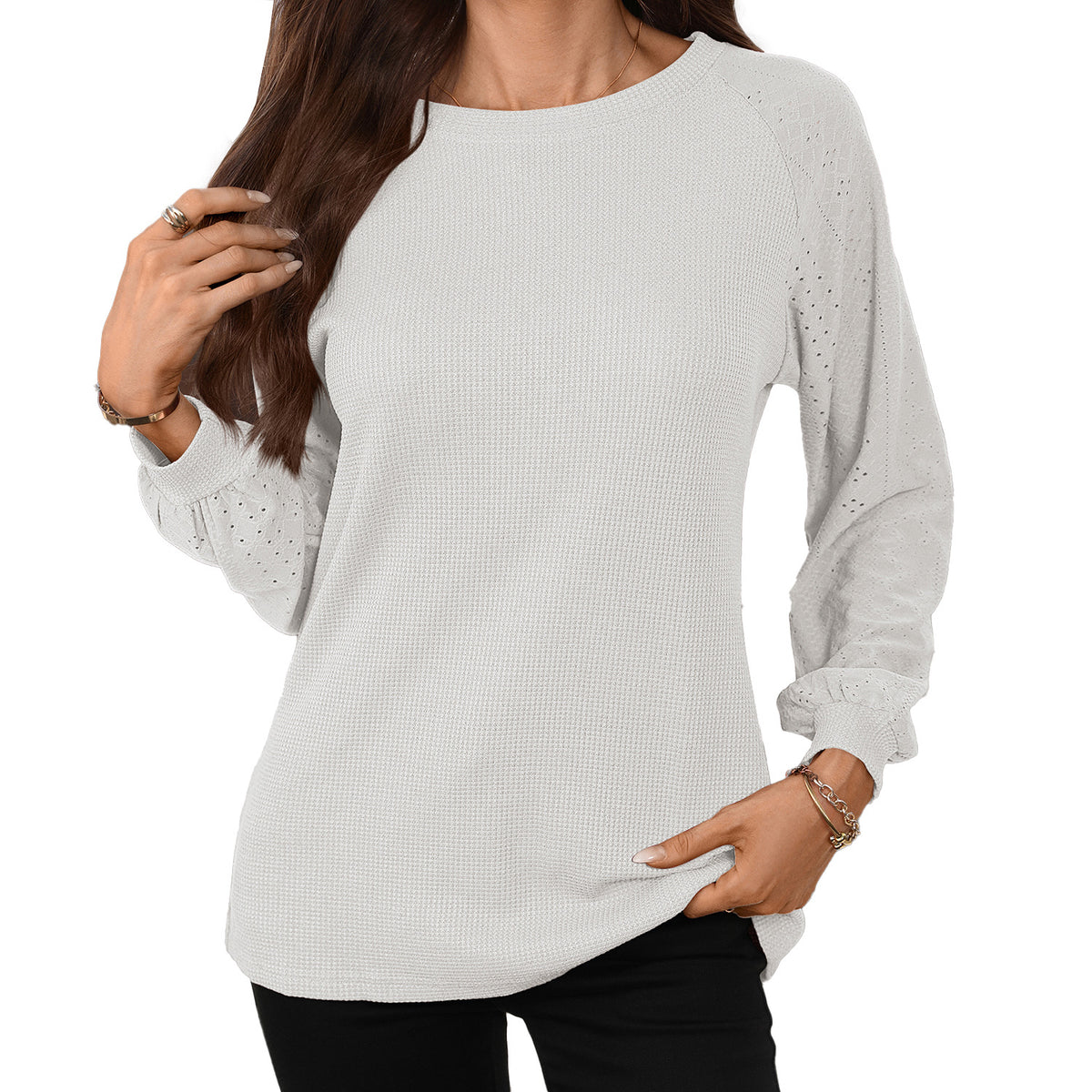 Women's Waffle Knit Raglan Eyelet Long Sleeve Top