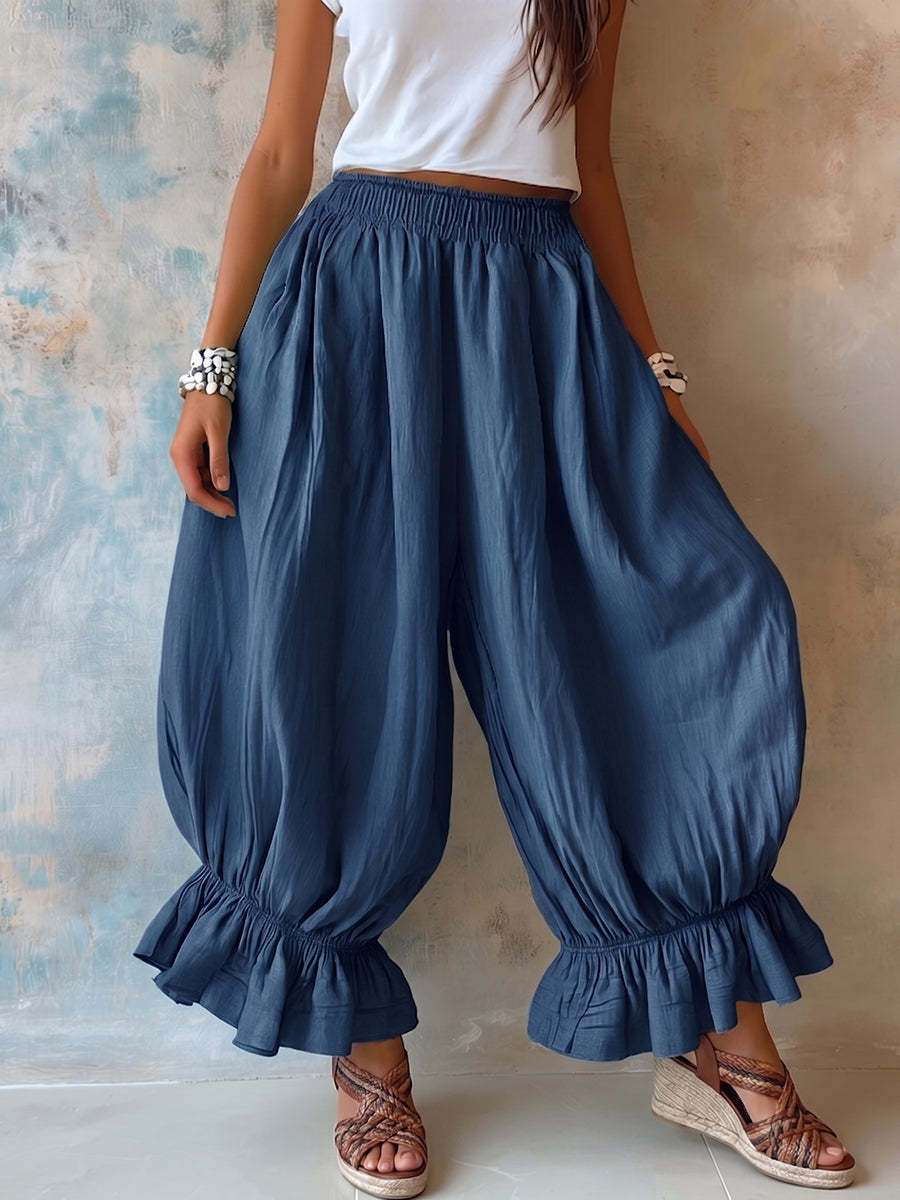 Women Ruffle Hem Balloon Pants Elastic Waist Wide Leg Boho