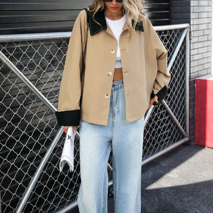 Contrast Collar Cropped Oversized Button Front Jacket