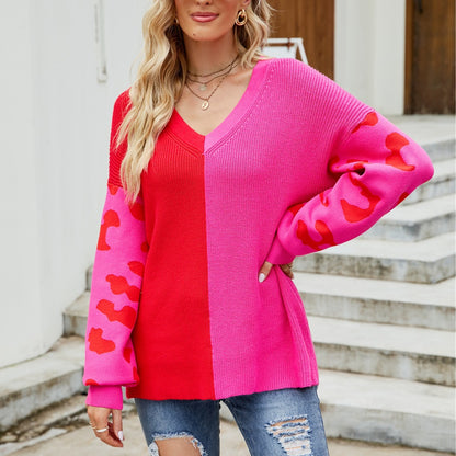 Fall Winter Women’s Color Block Leopard Sleeve V-Neck Sweater