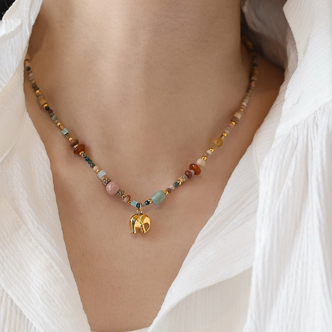 Boho Natural Stone Beaded Elephant Choker Necklace