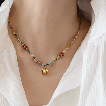 Boho Natural Stone Beaded Elephant Choker Necklace