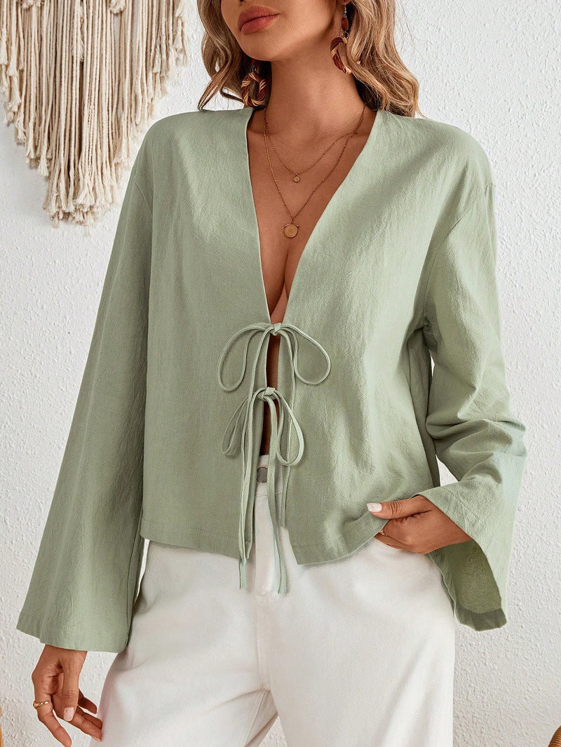 Women's Tie Front V Neck Bell Sleeve Blouse Top