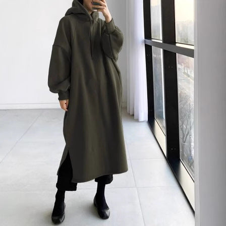 Oversized Fleece Maxi Hoodie Dress Side Slit Pullover