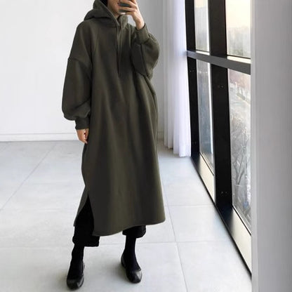 Oversized Fleece Maxi Hoodie Dress Side Slit Pullover