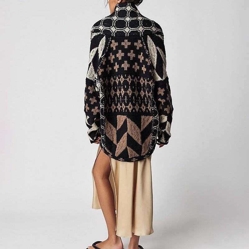 Y2K Oversized Geometric Knit Cardigan Button Front